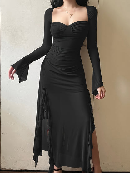Vzyzv Solid Ruffle Trim Split Asymmetrical Dress, Elegant Flare Sleeve Mesh Ruched Dress, Women's Clothing