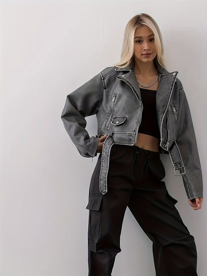 vzyzv  Cropped Faux Leather Biker Jacket, Vintage Slant Pockets Belt Decor Jacket, Women's Clothing