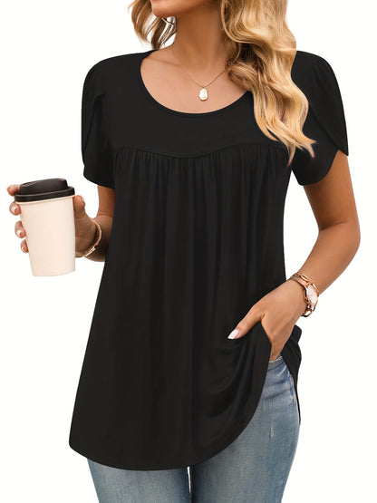 Vzyzv Solid Pleated Crew Neck T-Shirt, Casual Petal Sleeve Top For Spring & Summer, Women's Clothing