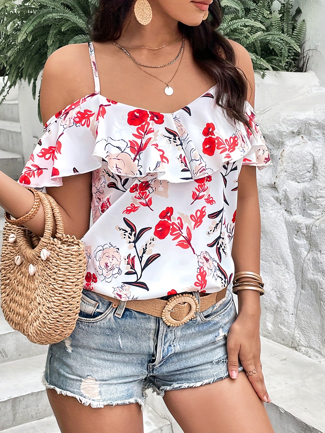 Vzyzv Boho Floral Print Spaghetti Blouse , Vacation Cold Shoulder Ruffle Trim Summer Tops , Women's Clothing