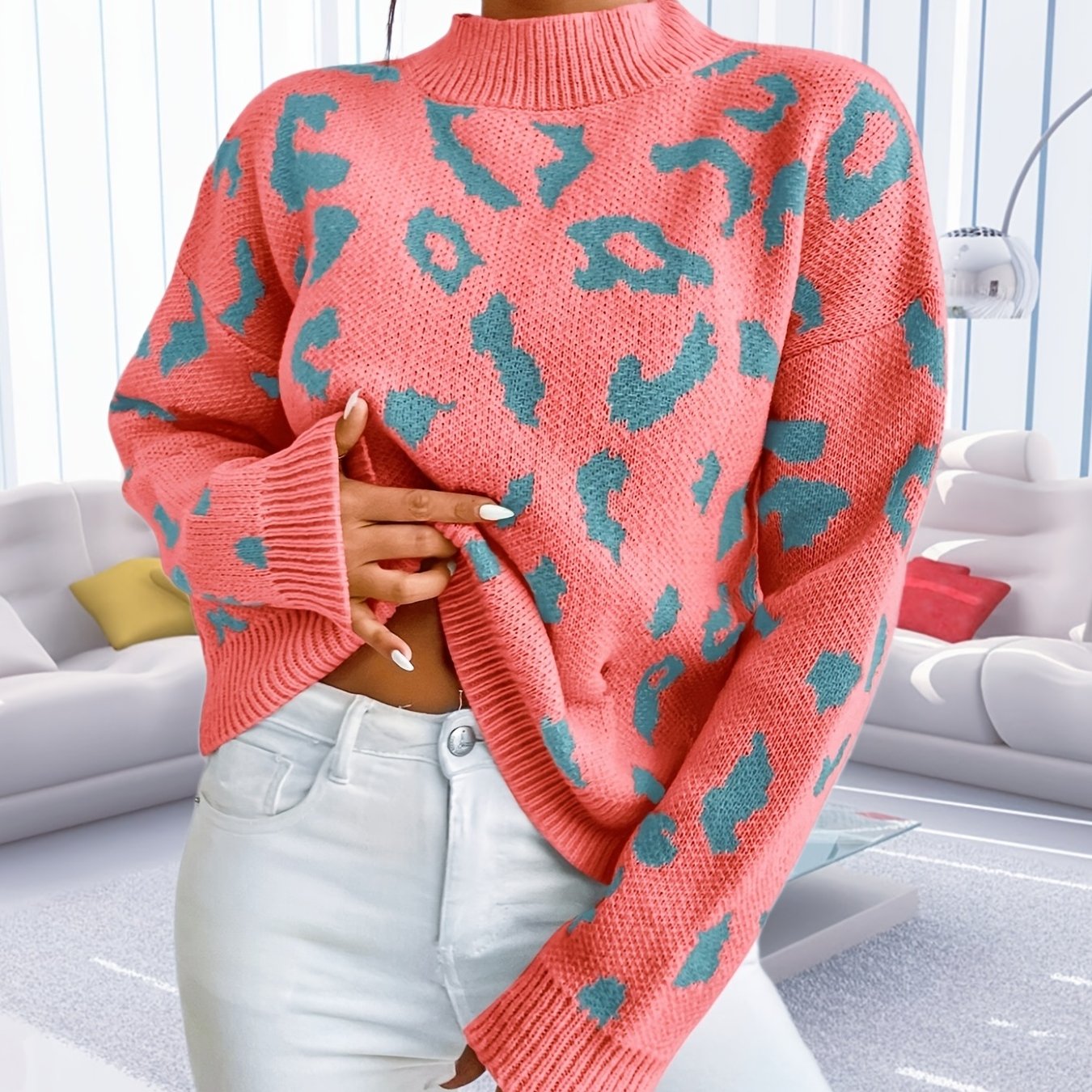 Vzyzv Graphic Pattern Mock Neck Pullover Sweater, Casual Long Sleeve Sweater, Women's Clothing