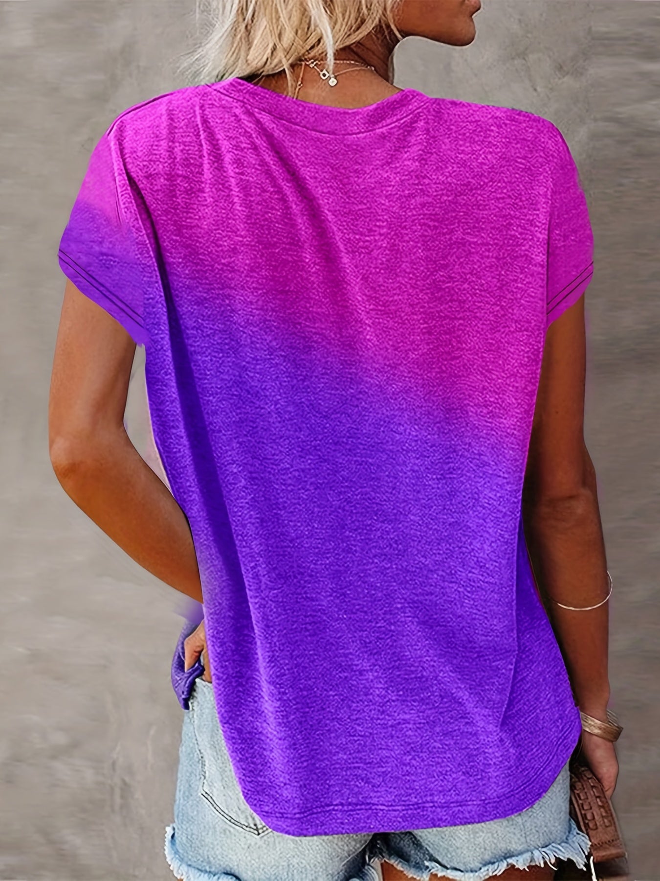 Vzyzv Gradient Color Pocket T-Shirt, Casual Crew Neck Short Sleeve T-Shirt For Spring & Summer, Women's Clothing