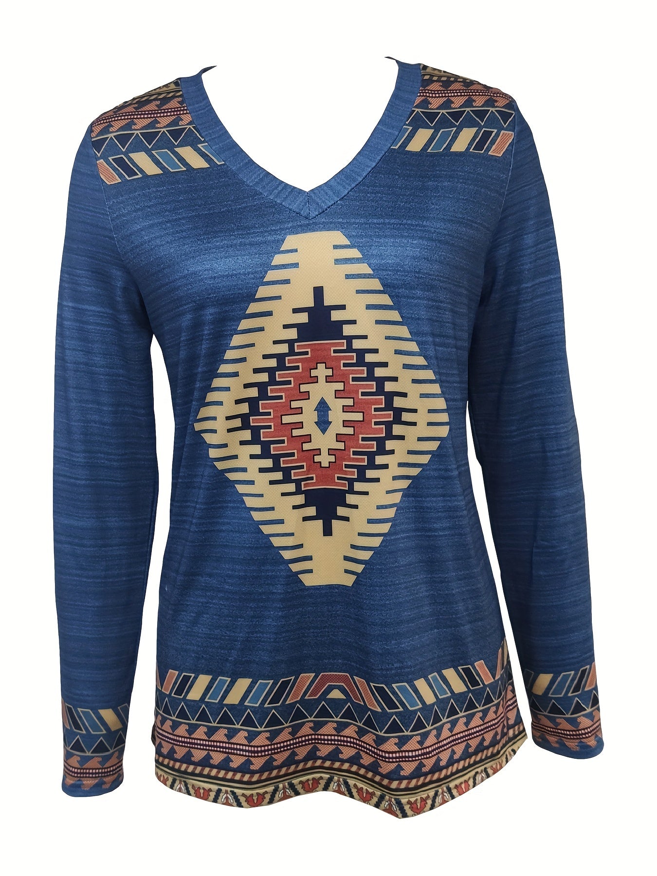 Vzyzv Aztec Print V Neck T-Shirt, Casual Long Sleeve T-Shirt For Spring & Fall, Women's Clothing