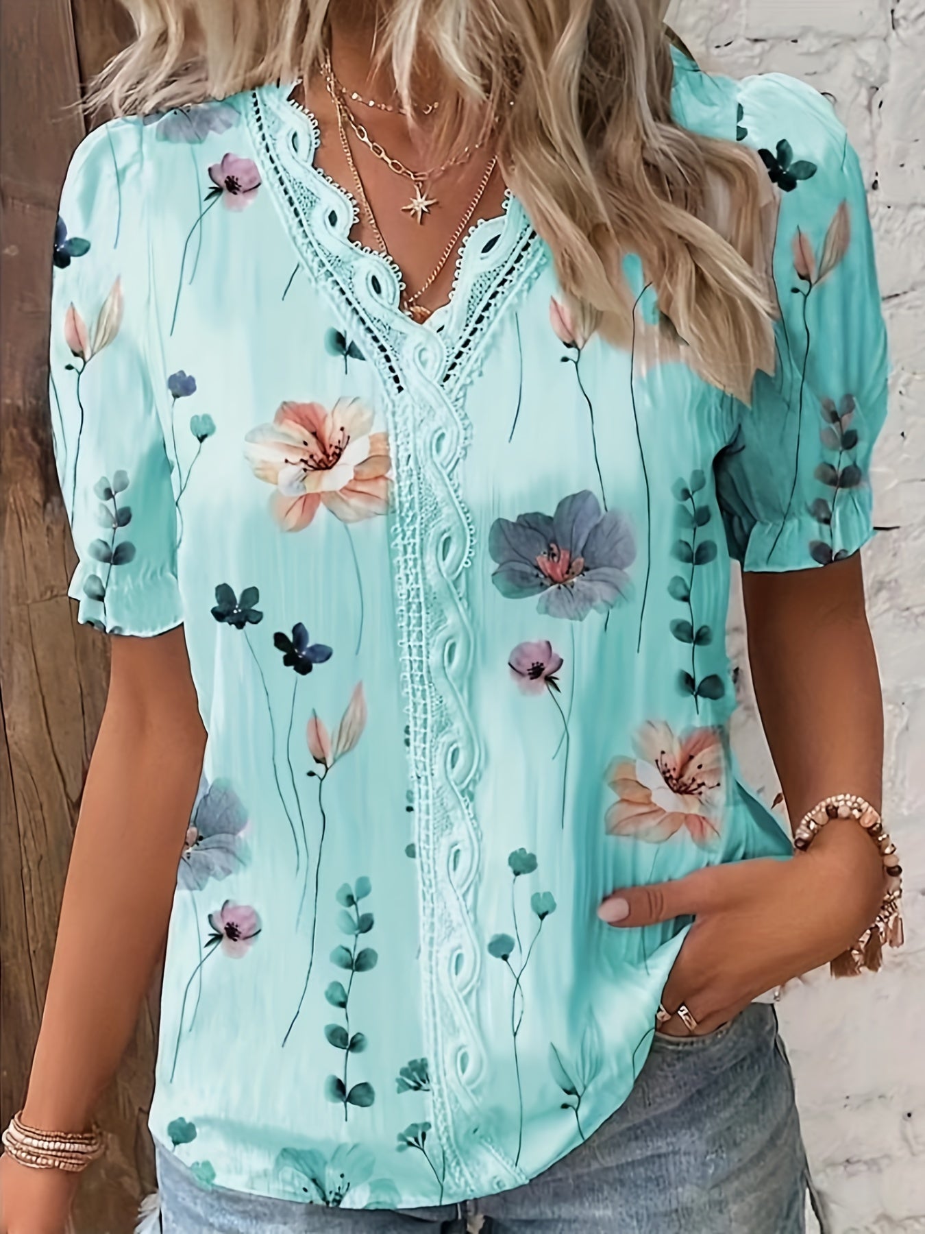 Vzyzv Floral Print V Neck Lace Trim Blouse, Boho Puff Sleeve Blouse For Summer, Women's Clothing