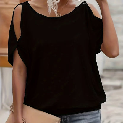 Vzyzv Plus Size Elegant T-shirt, Women's Plus Solid Cut Out Batwing Sleeve Round Neck Tie Back Slight Stretch T-shirt