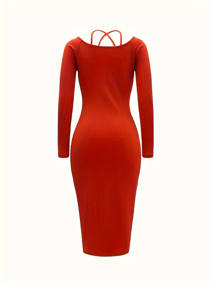 Vzyzv Bodycon Ribbed Halter Neck Dress, Elegant Long Sleeve Dress, Women's Clothing