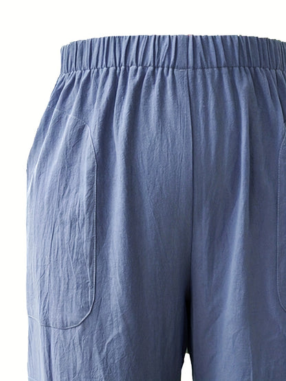 Vzyzv Plus Size Casual Pants, Women's Plus Solid Elastic Waist Loose Cargo Pants With Flap Pockets