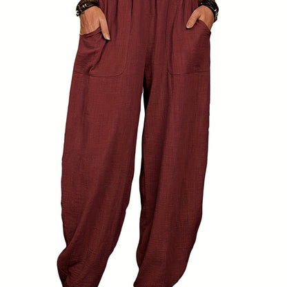 Vzyzv Elastic High Waist Harem Pants, Casual Pocket Pants For Spring & Summer, Women's Clothing