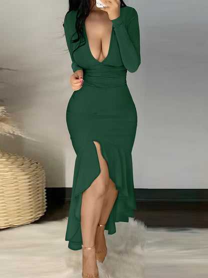 vzyzv  Ruffle Hem Plunging Dress, Sexy Long Sleeve Bodycon Asymmetrical Dress, Women's Clothing