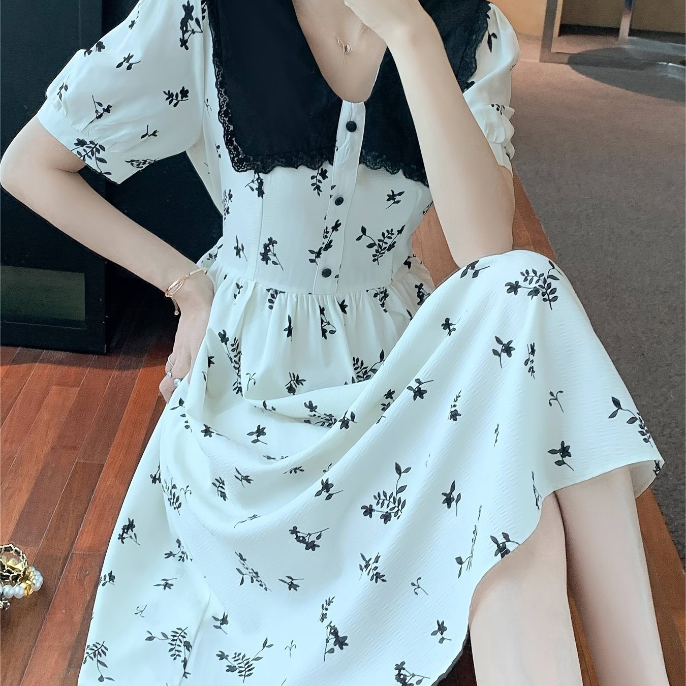 Vzyzv Floral Print Doll Collar Dress, Elegant Short Sleeve Waist Slimming Skinny Dress For Summer, Women's Clothing