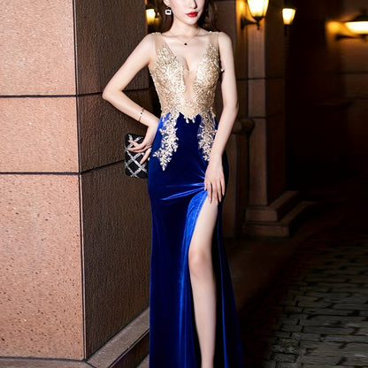 vzyzv  Contrast Mesh Color Block Dress, Elegant Split Thigh Sleeveless Dress For Party & Banquet, Women's Clothing