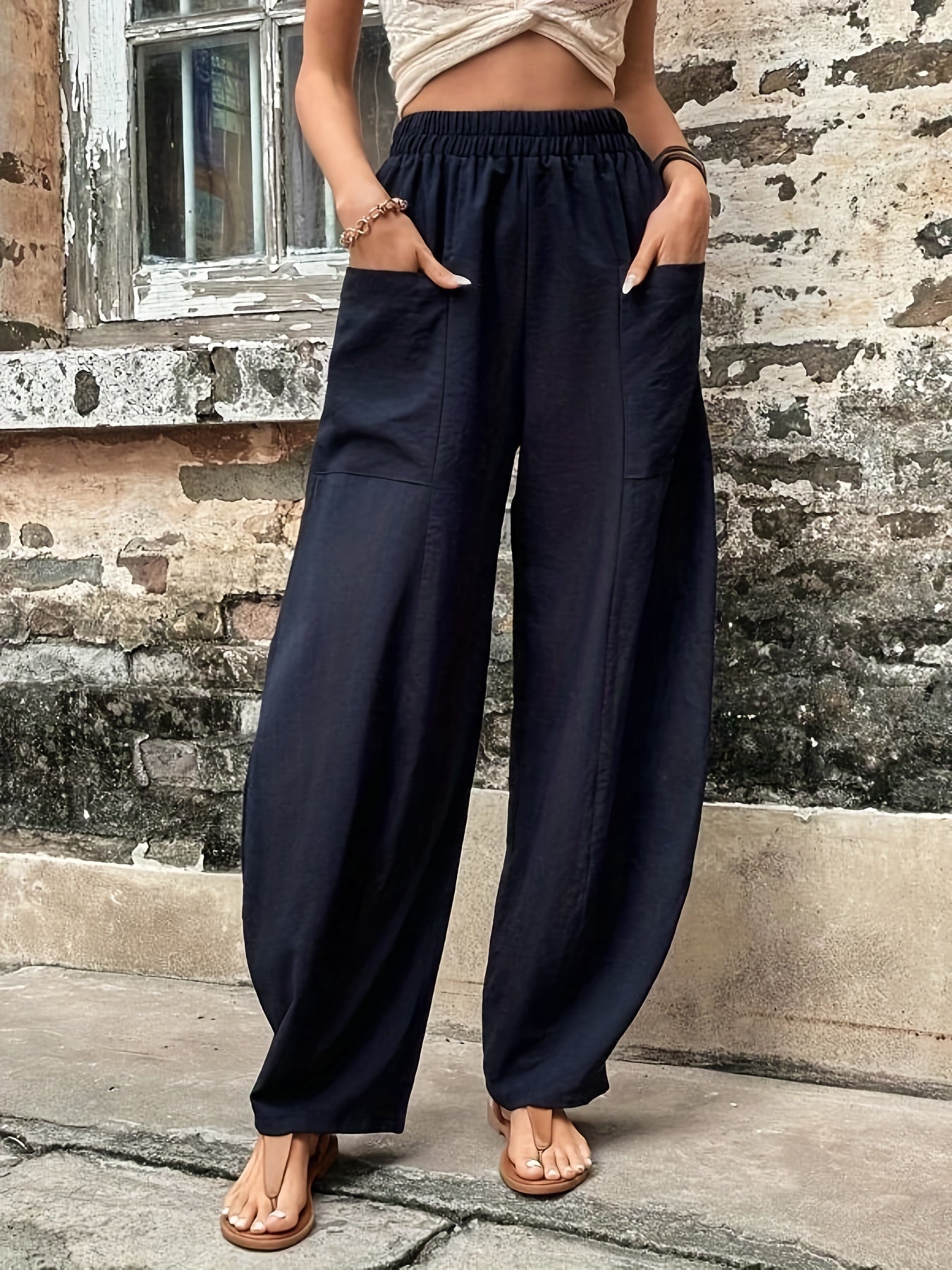 Vzyzv Boho Solid Elastic Waist Harem Pants, Casual Long Length Baggy Pants With Pockets For Spring & Summer, Women's Clothing