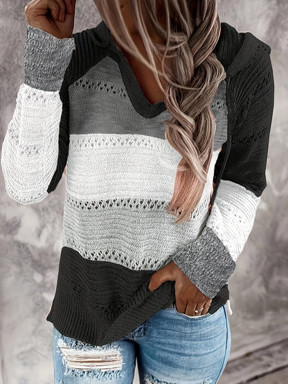 Vzyzv Romildi Romildi Romildi Color Block Hooded Knit Sweater, Vacation Drawstring Long Sleeve Sweater, Women's Clothing