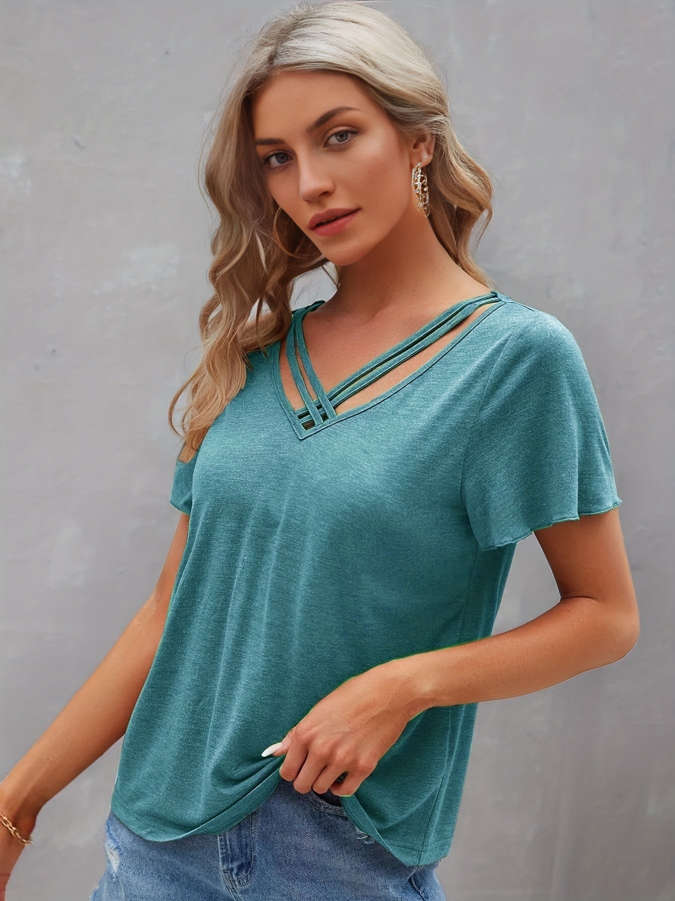 Vzyzv Criss Cross V Neck T-shirt, Casual Short Sleeve Summer Simple T-shirt, Women's Clothing