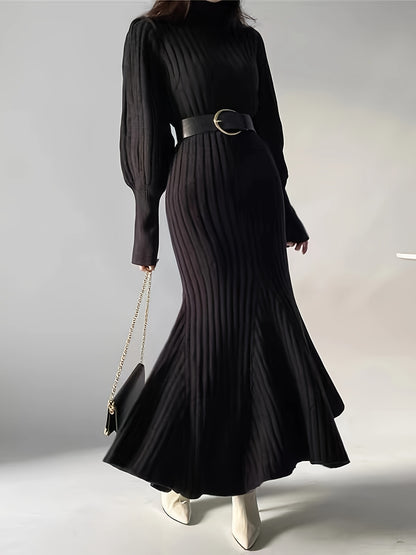 Vzyzv Solid Ruffle Hem Dress, Elegant Ribbed Turtle Neck Long Sleeve Dress, Women's Clothing