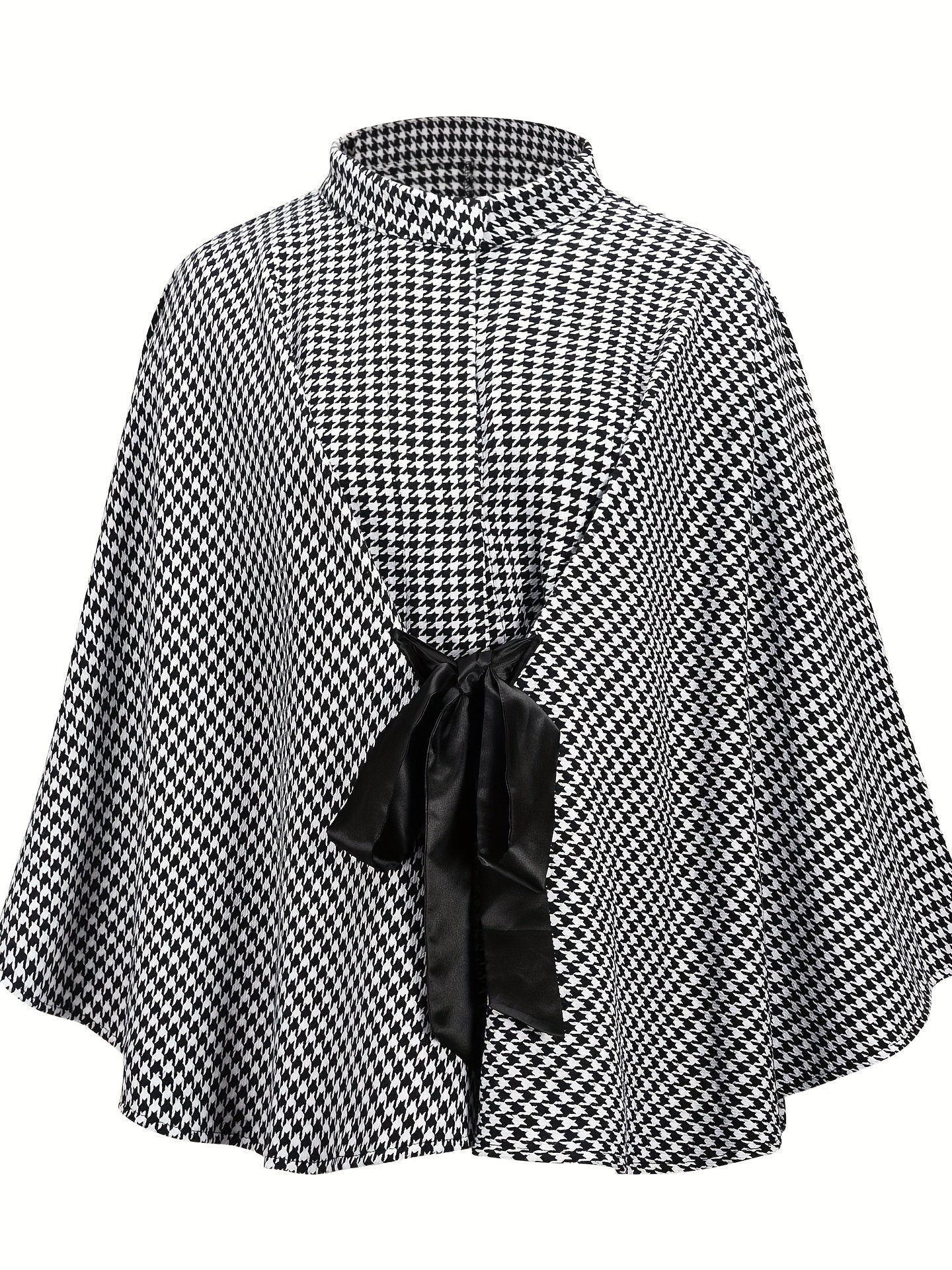 Vzyzv Houndstooth Print Cape Top, Casual Tie Front Loose Outerwear, Women's Clothing