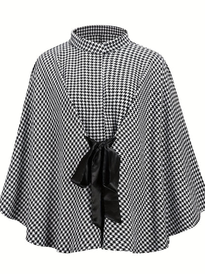 Vzyzv Houndstooth Print Cape Top, Casual Tie Front Loose Outerwear, Women's Clothing