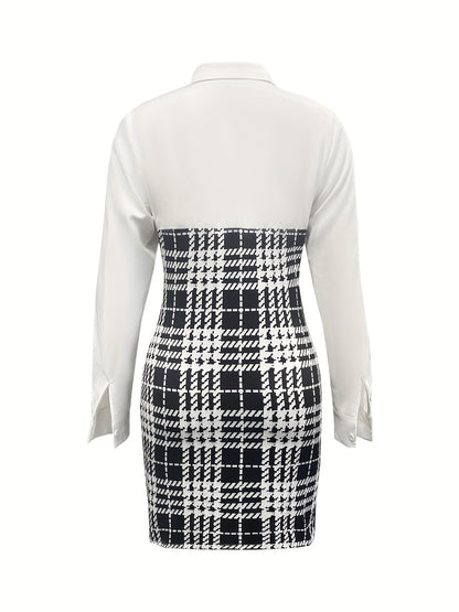 Vzyzv Plaid Print Splicing Dress, Elegant Long Sleeve Bodycon Mini Dress, Women's Clothing