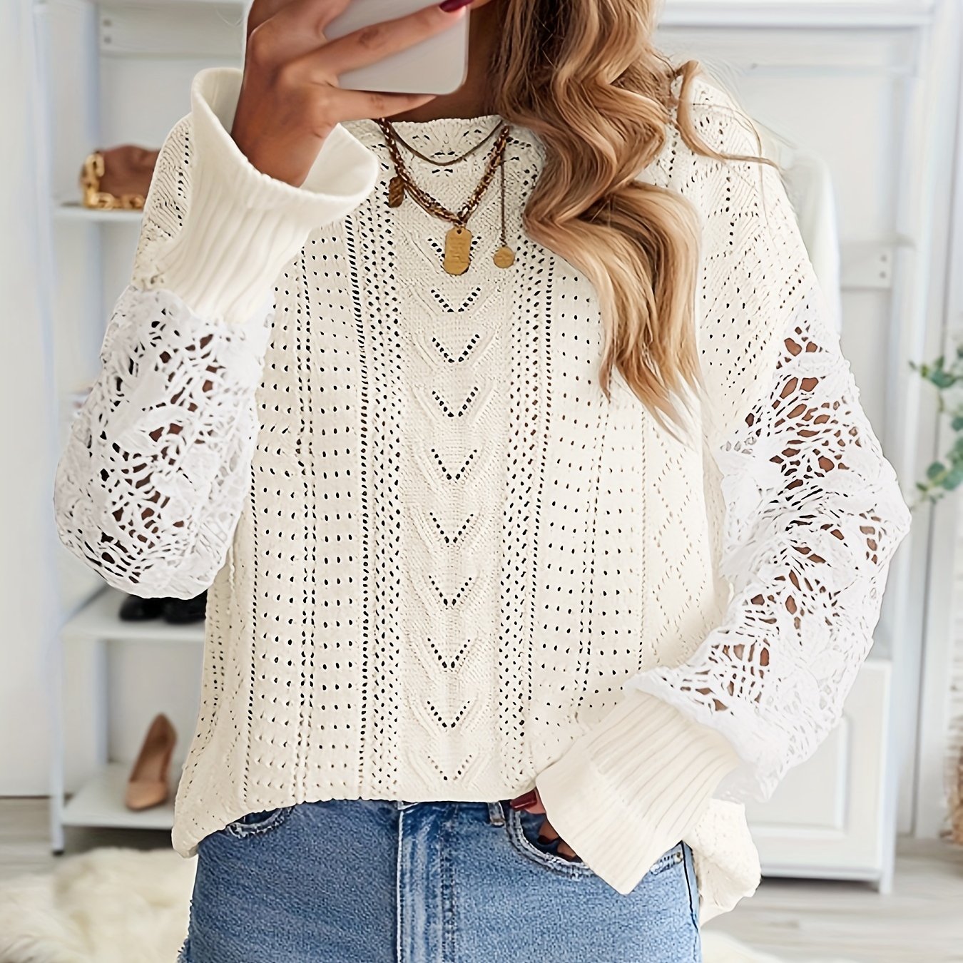 Vzyzv Contrast Lace Eyelet Knit Sweater, Casual Crew Neck Long Sleeve Sweater, Women's Clothing