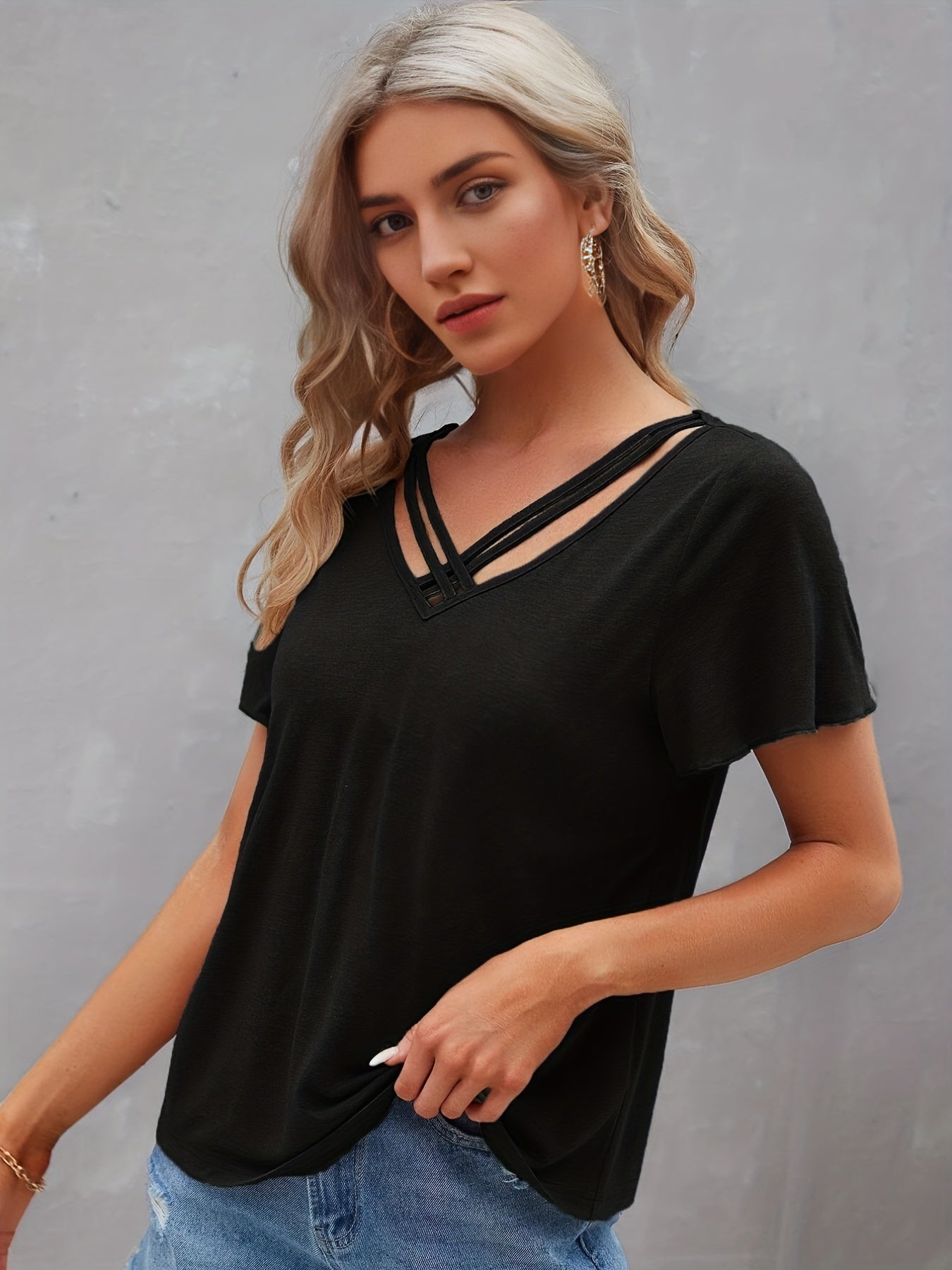 Vzyzv Criss Cross V Neck T-shirt, Casual Short Sleeve Summer Simple T-shirt, Women's Clothing