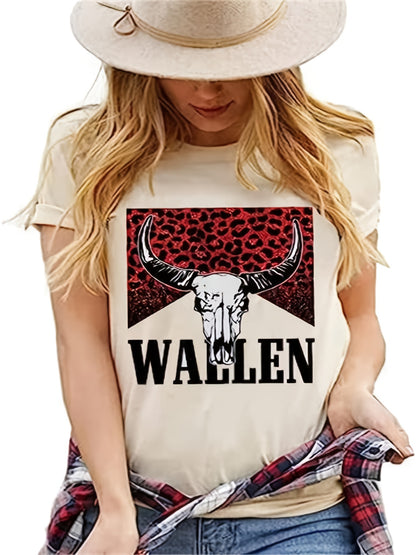 Vzyzv Cattle Print Western T-Shirt, Crew Neck Short Sleeve Casual Top For All Season, Women's Clothing