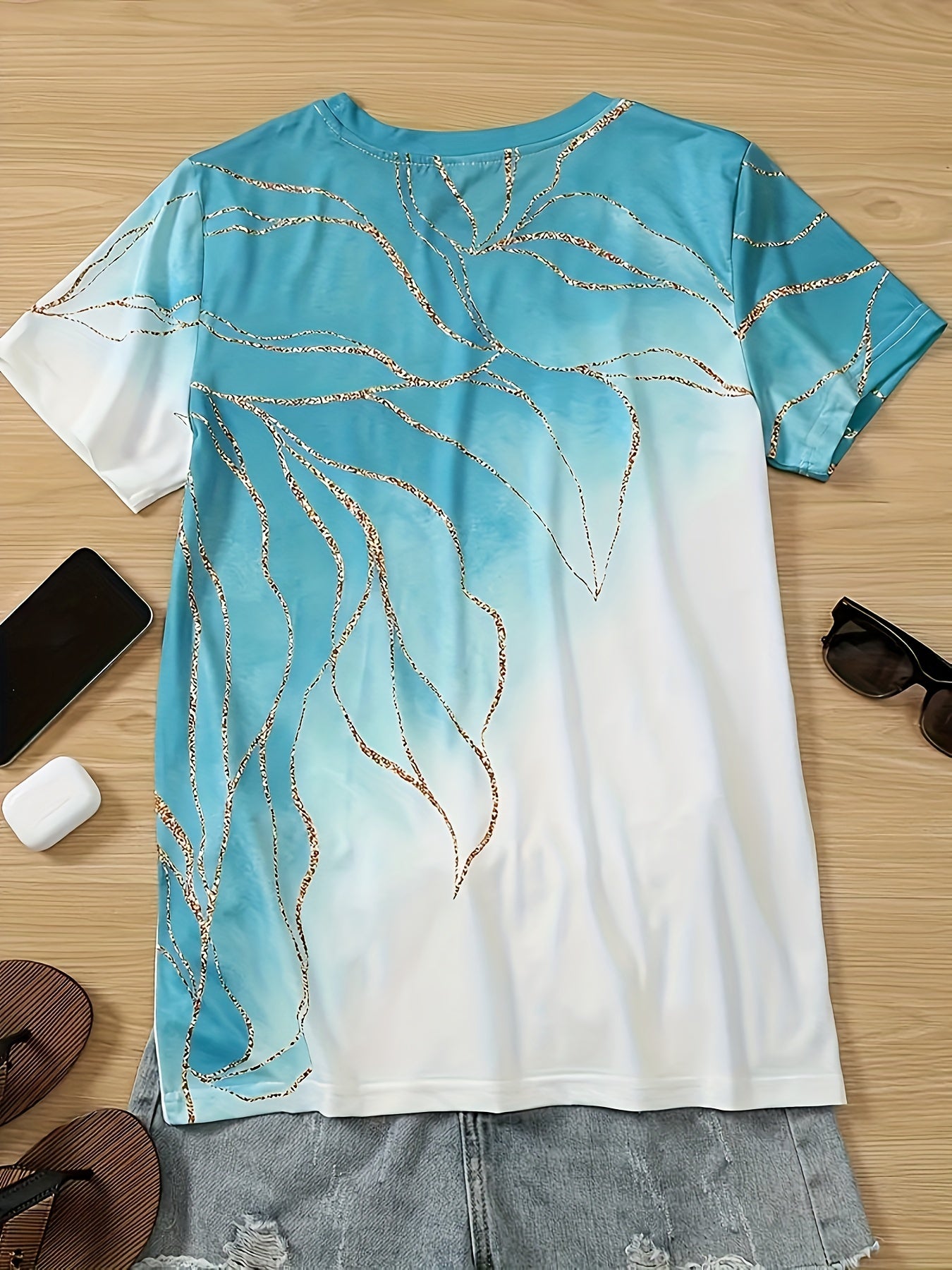 Vzyzv Marble Print Crew Neck T-Shirt, Casual Short Sleeve T-Shirt For Spring & Summer, Women's Clothing