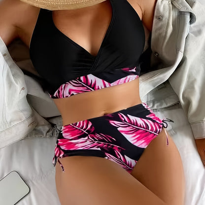 Vzyzv Contrast Leaf Print Halter Neck Bikini Sets, Drawstring Tie Side High Cut Two Piece Swimsuit, Women's Swimwear & Clothing