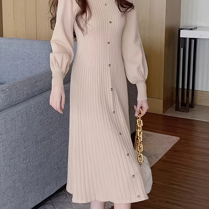 Vzyzv Ribbed Mock Neck Dress, Casual Button Front Long Lantern Sleeve Dress, Women's Clothing