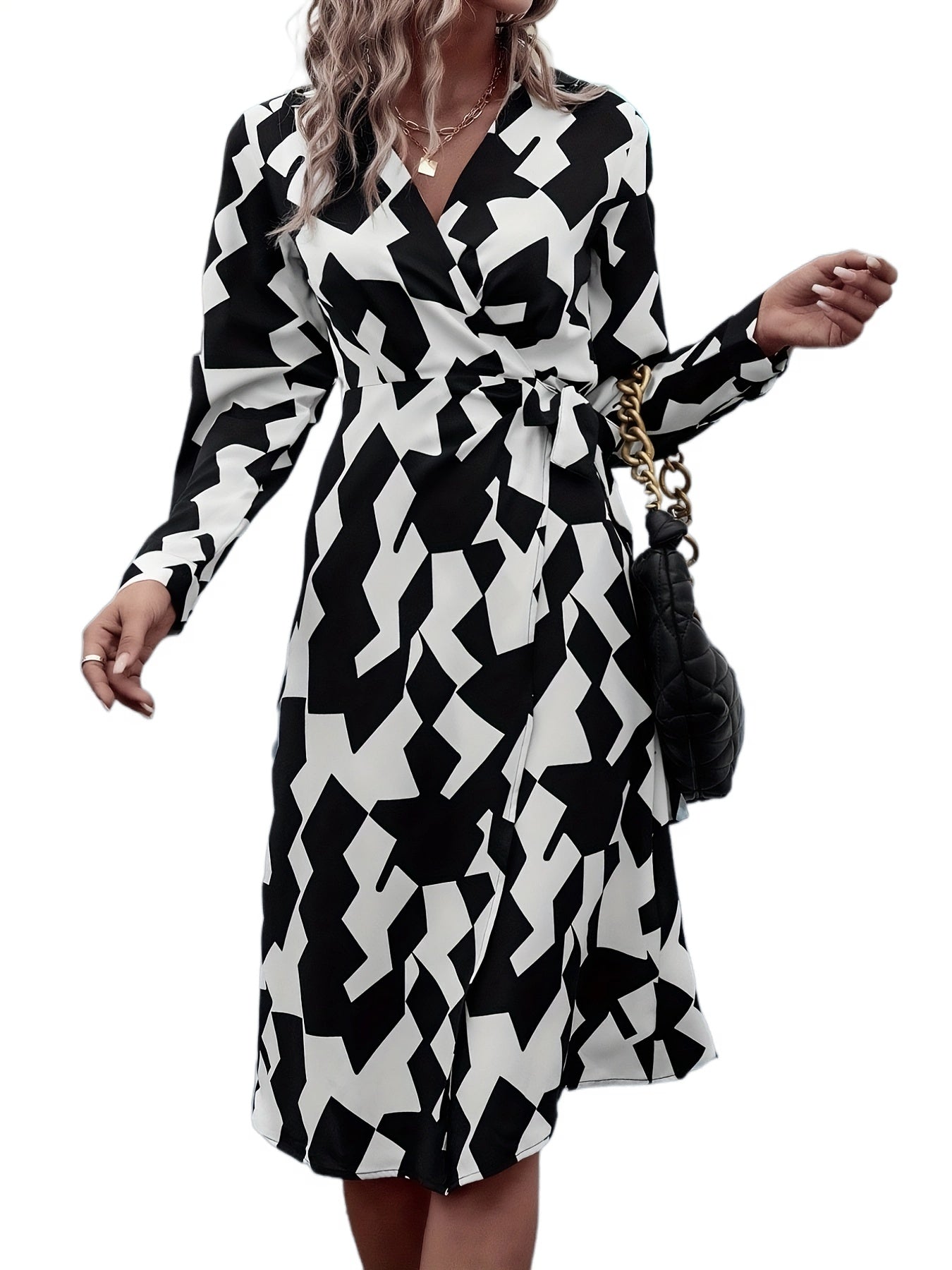 Vzyzv Geo Print Wrap V Neck Dress, Elegant Long Sleeve Dress For Spring & Fall, Women's Clothing
