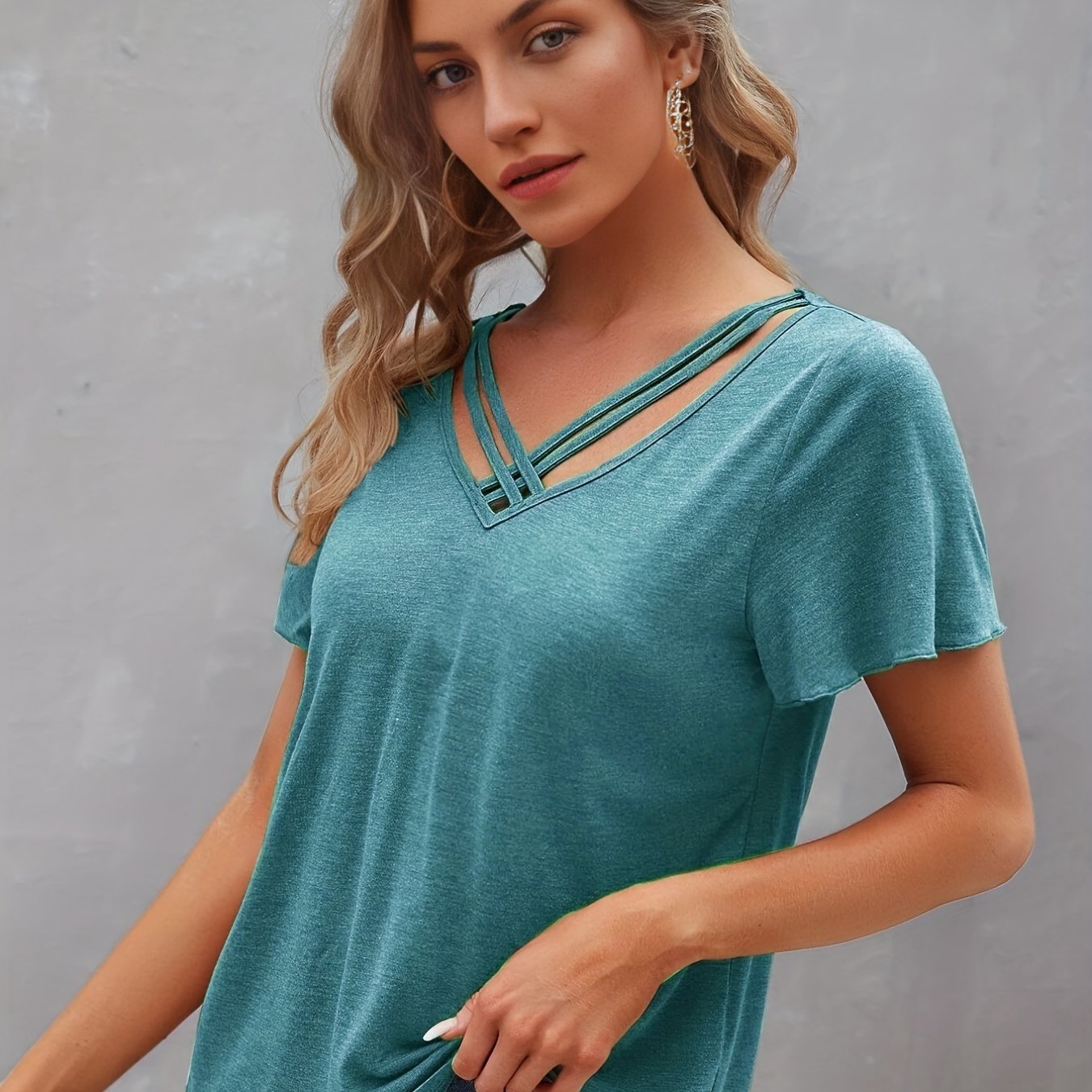 Vzyzv Criss Cross V Neck T-shirt, Casual Short Sleeve Summer Simple T-shirt, Women's Clothing