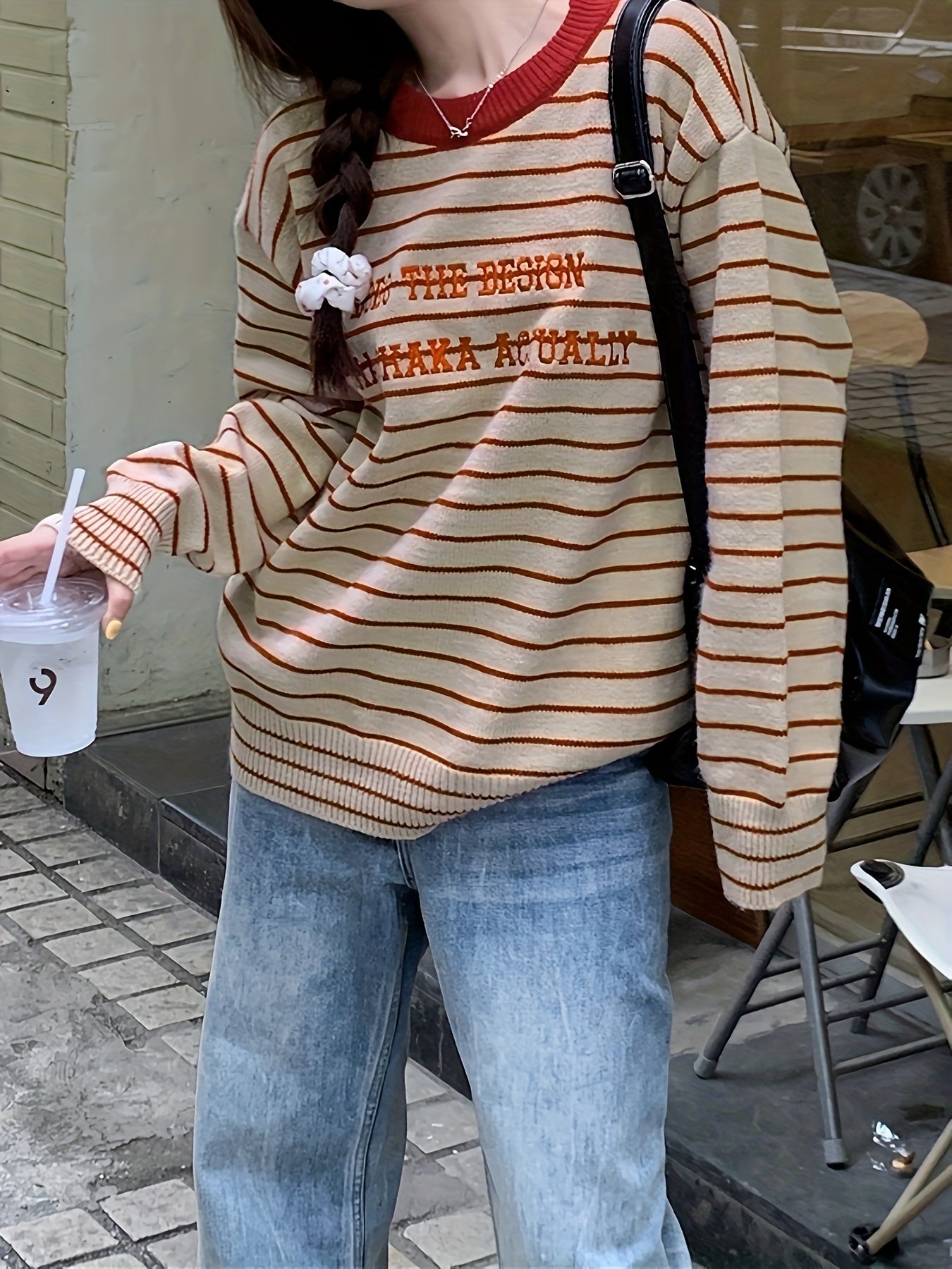 Letter Pattern Striped Pullover Sweater, Vintage Long Sleeve Drop Shoulder Sweater, Women's Clothing