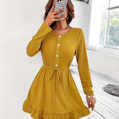 Vzyzv Ruffle Hem Button Front Dress, Casual Long Sleeve Crew Neck Drawstring Dress, Women's Clothing