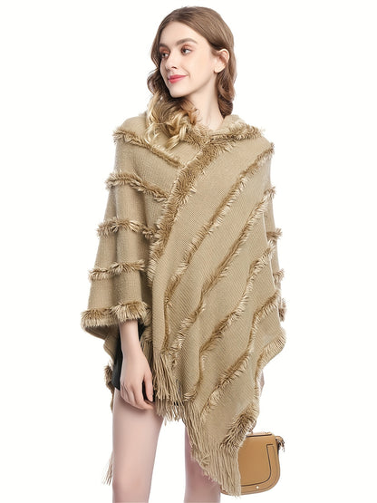 Vzyzv Tassel Shawl Hooded Shawl Sweater, Vintage Solid Asymmetrical Hem Poncho Sweater, Women's Clothing