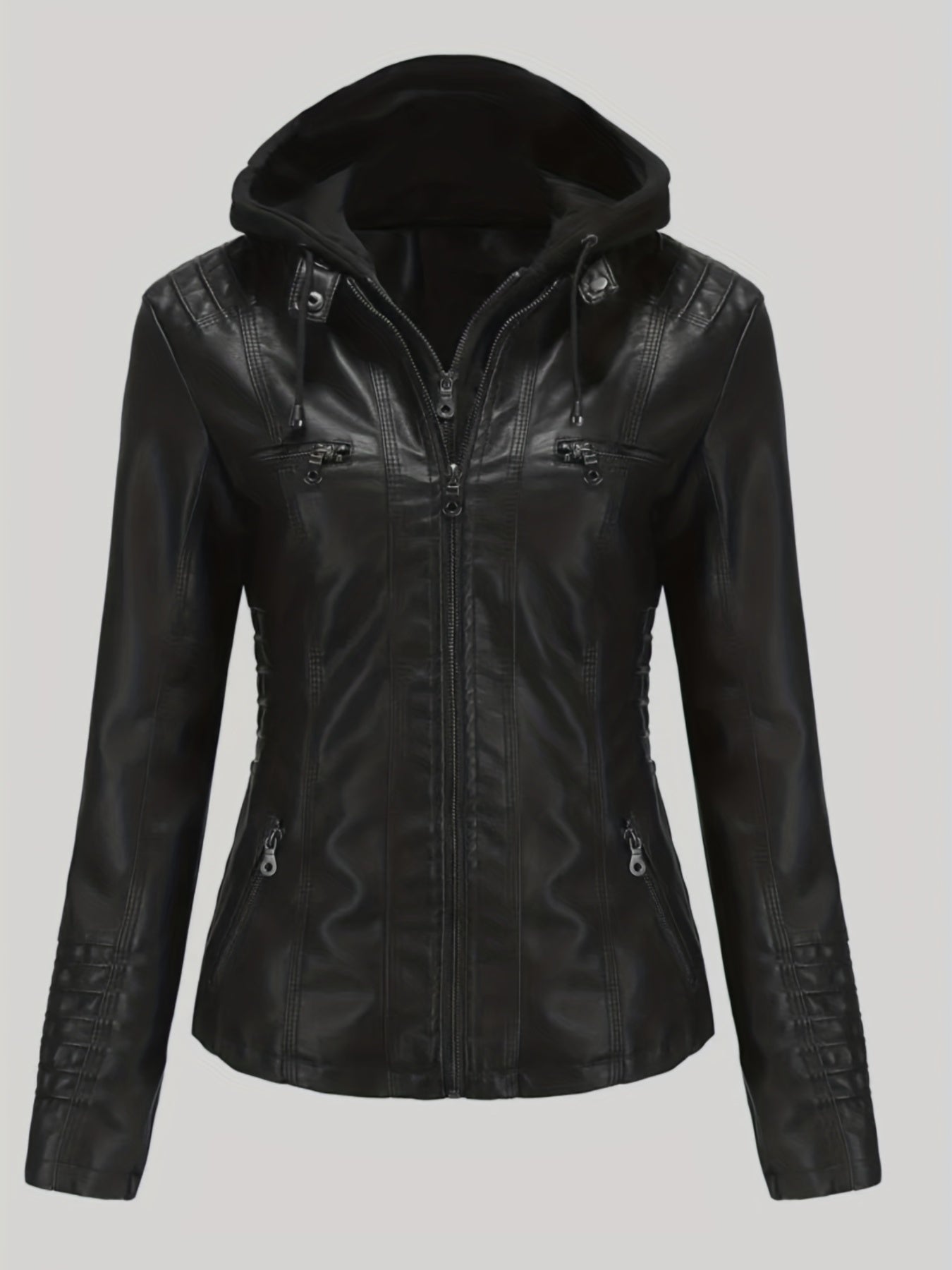 Vzyzv Hooded Faux Leather Jacket, Casual Zipper Long Sleeve Outerwear, Women's Clothing