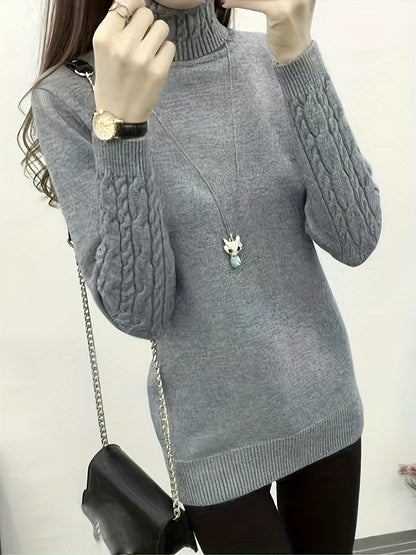 Vzyzv Solid Turtle Neck Cable Knit Sweater, Casual Long Sleeve Slim Pullover Sweater, Women's Clothing