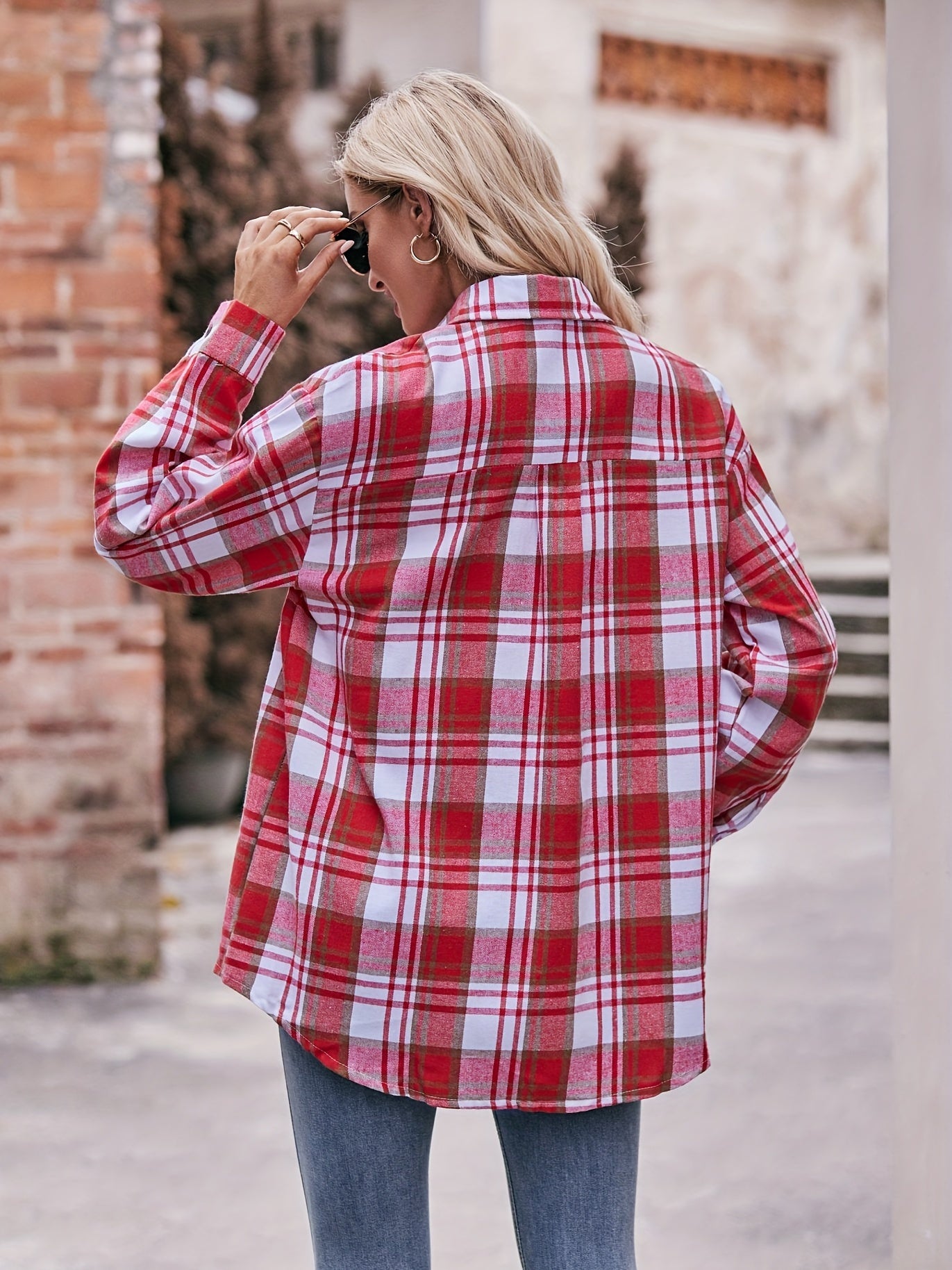 Vzyzv Plaid Print Shirt, Casual Button Front Long Sleeve Shirt, Women's Clothing