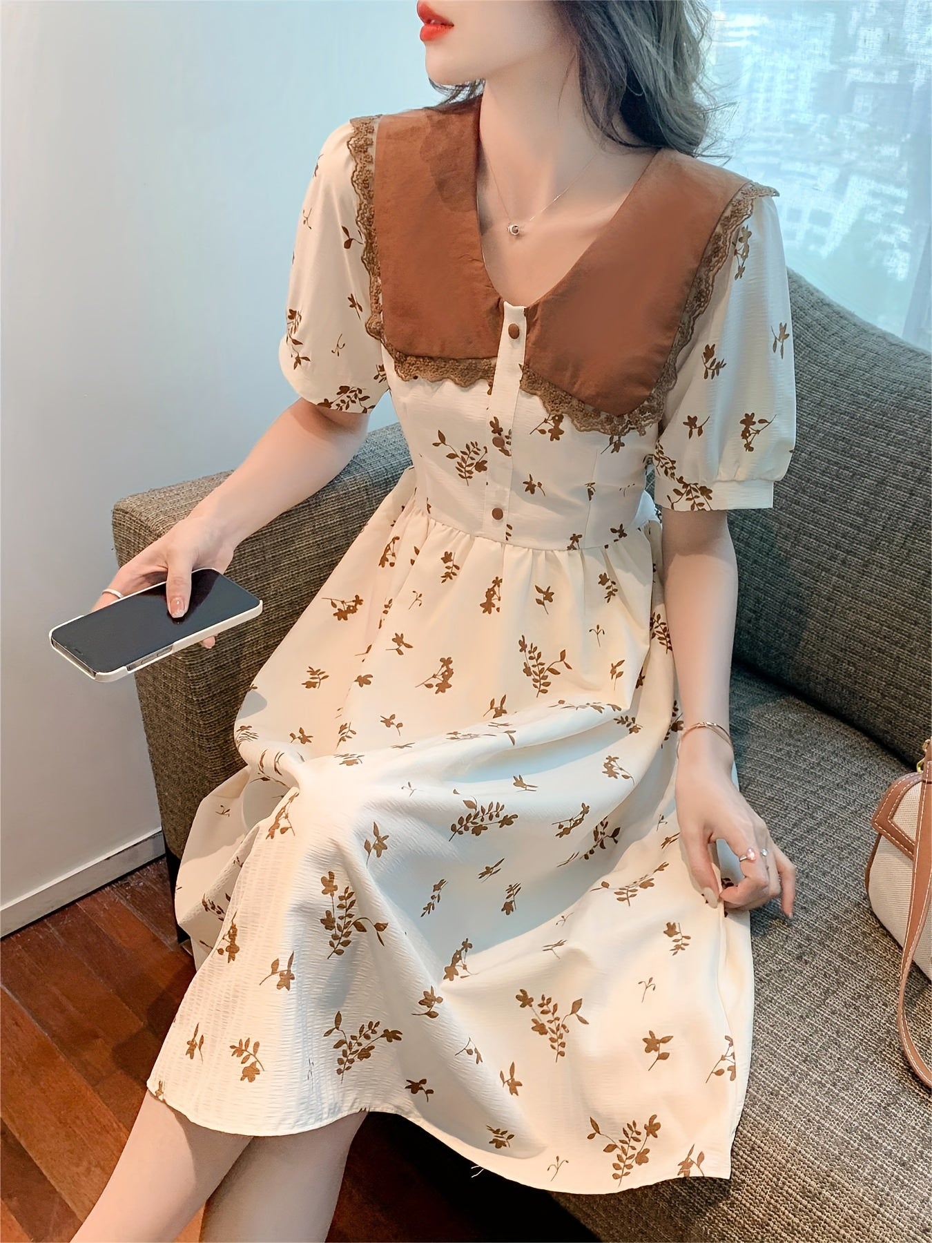 Vzyzv Floral Print Doll Collar Dress, Elegant Short Sleeve Waist Slimming Skinny Dress For Summer, Women's Clothing