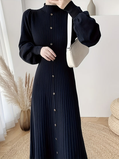 Vzyzv Ribbed Mock Neck Dress, Casual Button Front Long Lantern Sleeve Dress, Women's Clothing