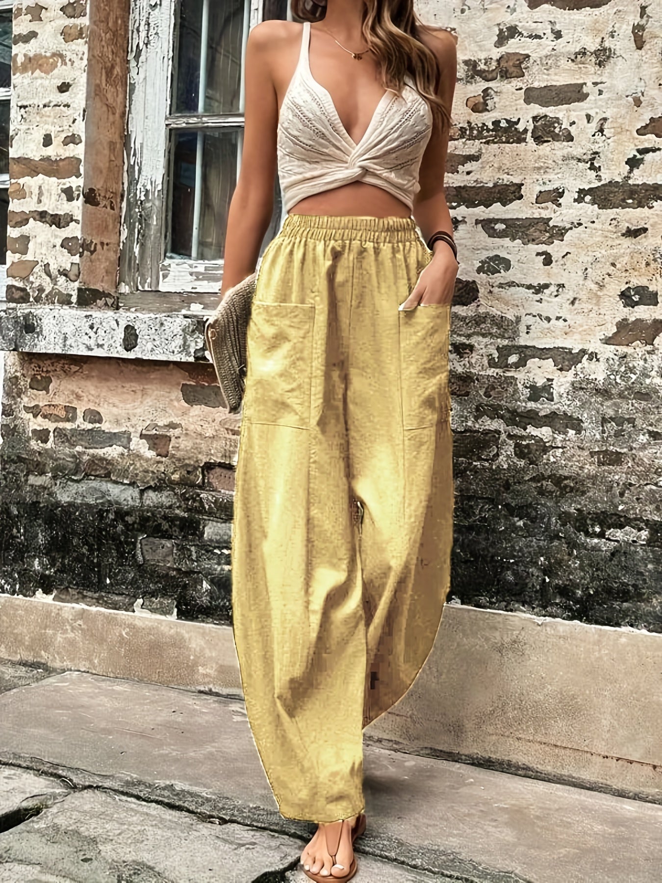 Vzyzv Boho Solid Elastic Waist Harem Pants, Casual Long Length Baggy Pants With Pockets For Spring & Summer, Women's Clothing