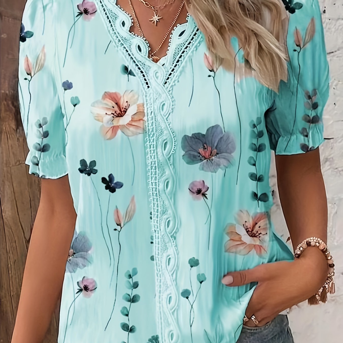 Vzyzv Floral Print V Neck Lace Trim Blouse, Boho Puff Sleeve Blouse For Summer, Women's Clothing