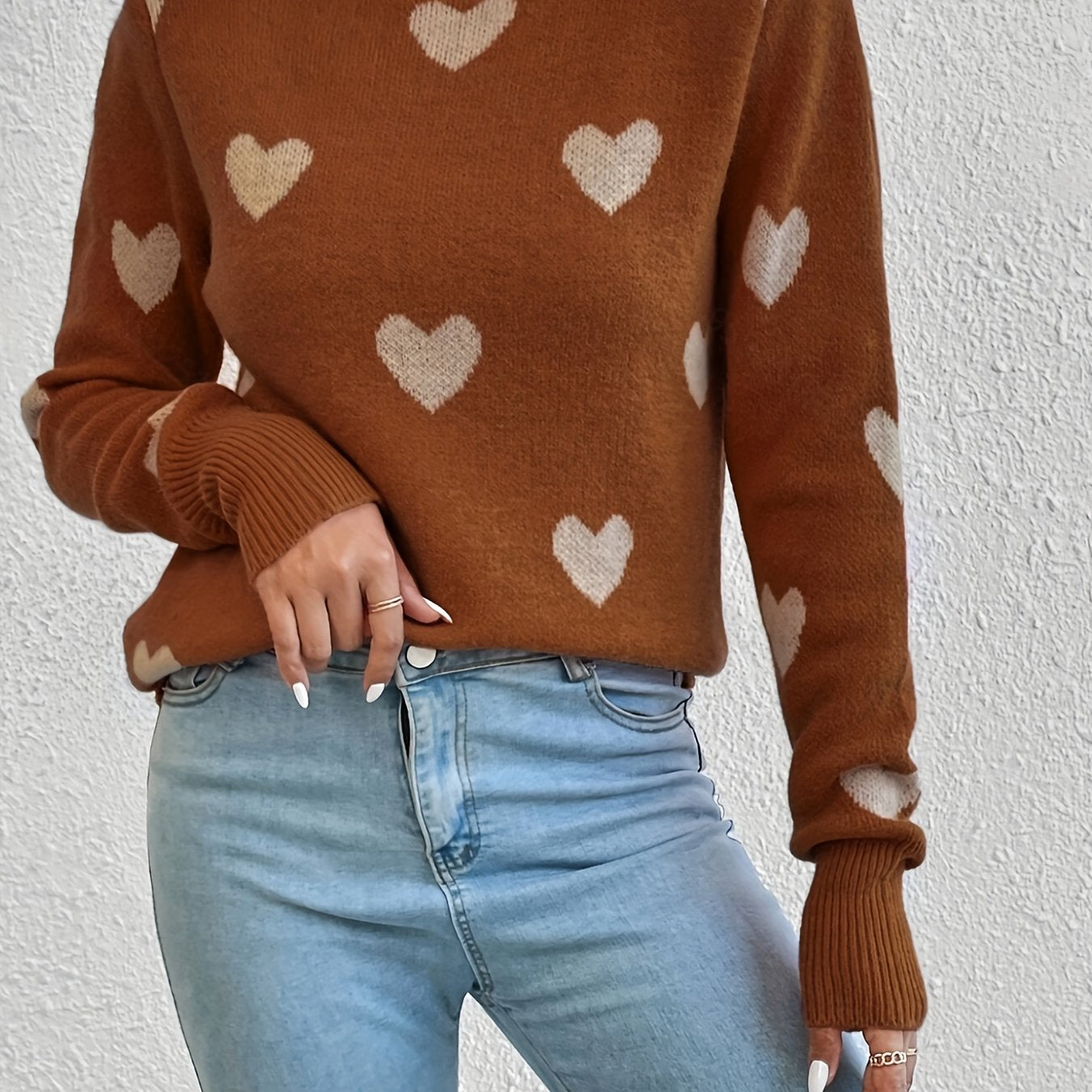 Vzyzv Heart Pattern Crew Neck Sweater, Casual Long Sleeve Pullover Sweater, Women's Clothing