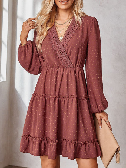 Vzyzv Women's Dresses Casual Jacquard V Neck Long Sleeve Waist Slim Fall Winter Loose Dress