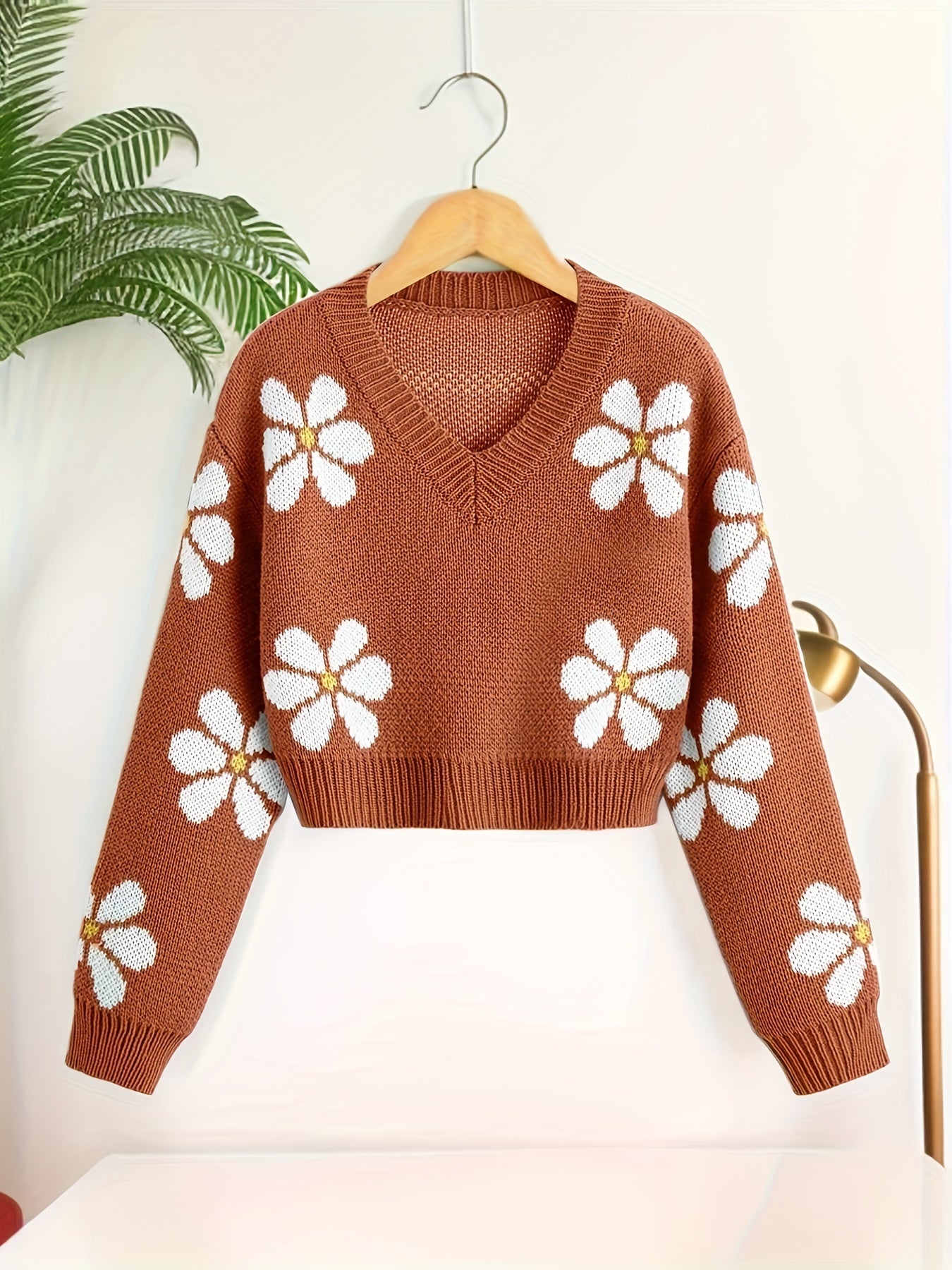 Vzyzv Floral Jacquard Girls Drop Shoulder V-neck Knitted Sweater For Fall Winter