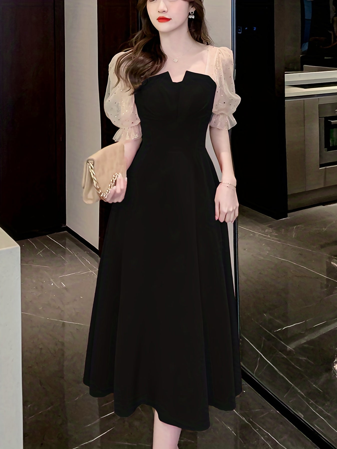 Vzyzv Contrast Mesh Ruffle Dress, Elegant Puff Sleeve Evening Party Dress, Women's Clothing