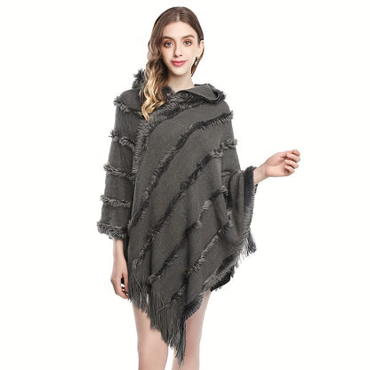 Vzyzv Loose Knit Hooded Pullover Poncho Large Solid Color Batwing Tassel Shawl Autumn Winter Travel Outside Windproof Cape