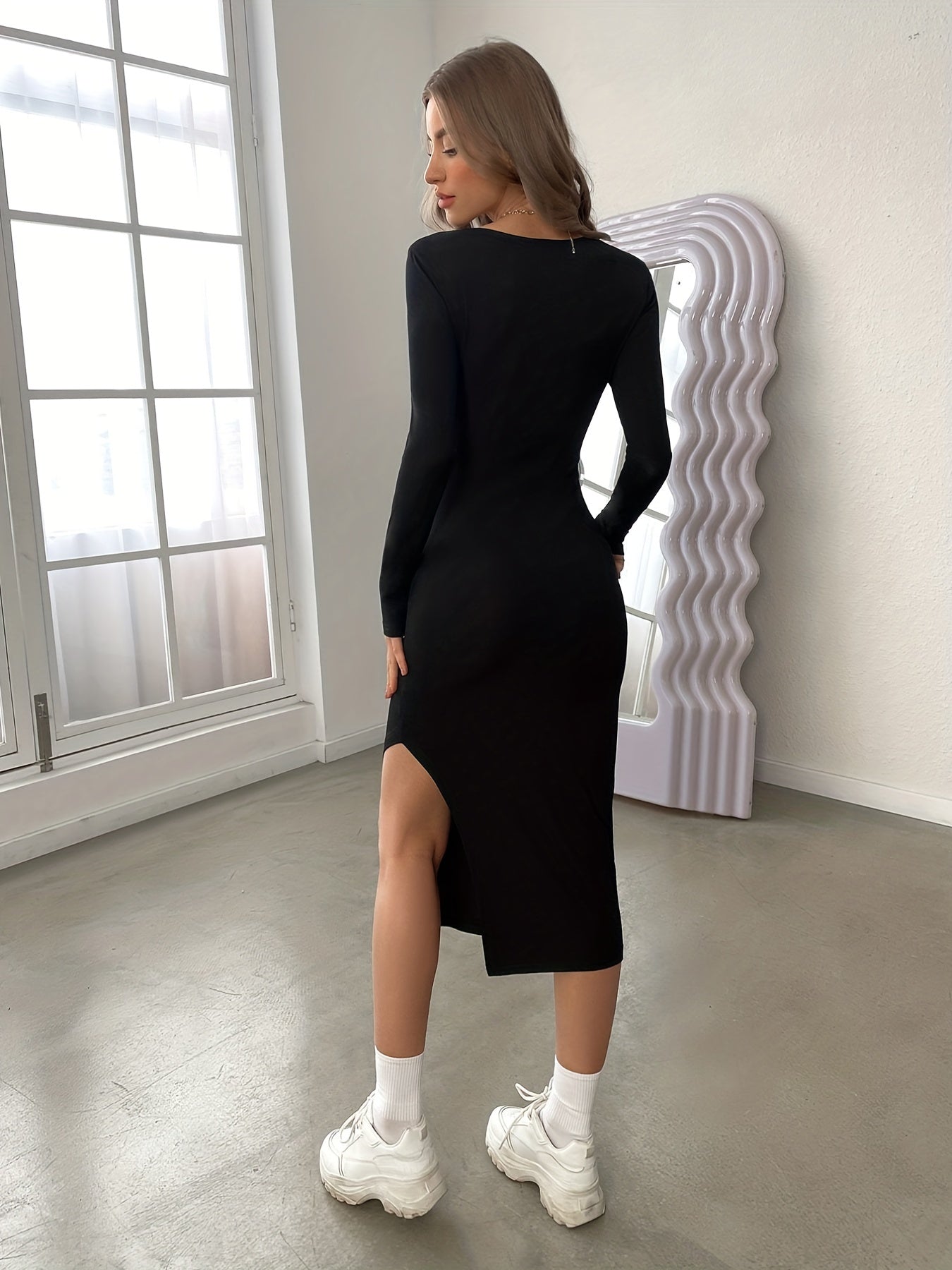 Vzyzv Solid Side Split Dress, Casual Slim Long Sleeve Midi Dress, Women's Clothing