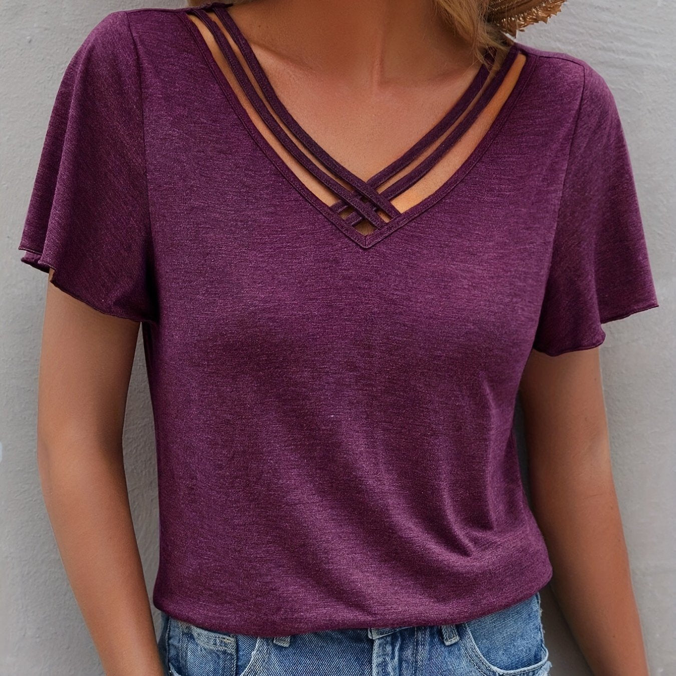 Vzyzv Criss Cross V Neck T-shirt, Casual Short Sleeve Summer Simple T-shirt, Women's Clothing