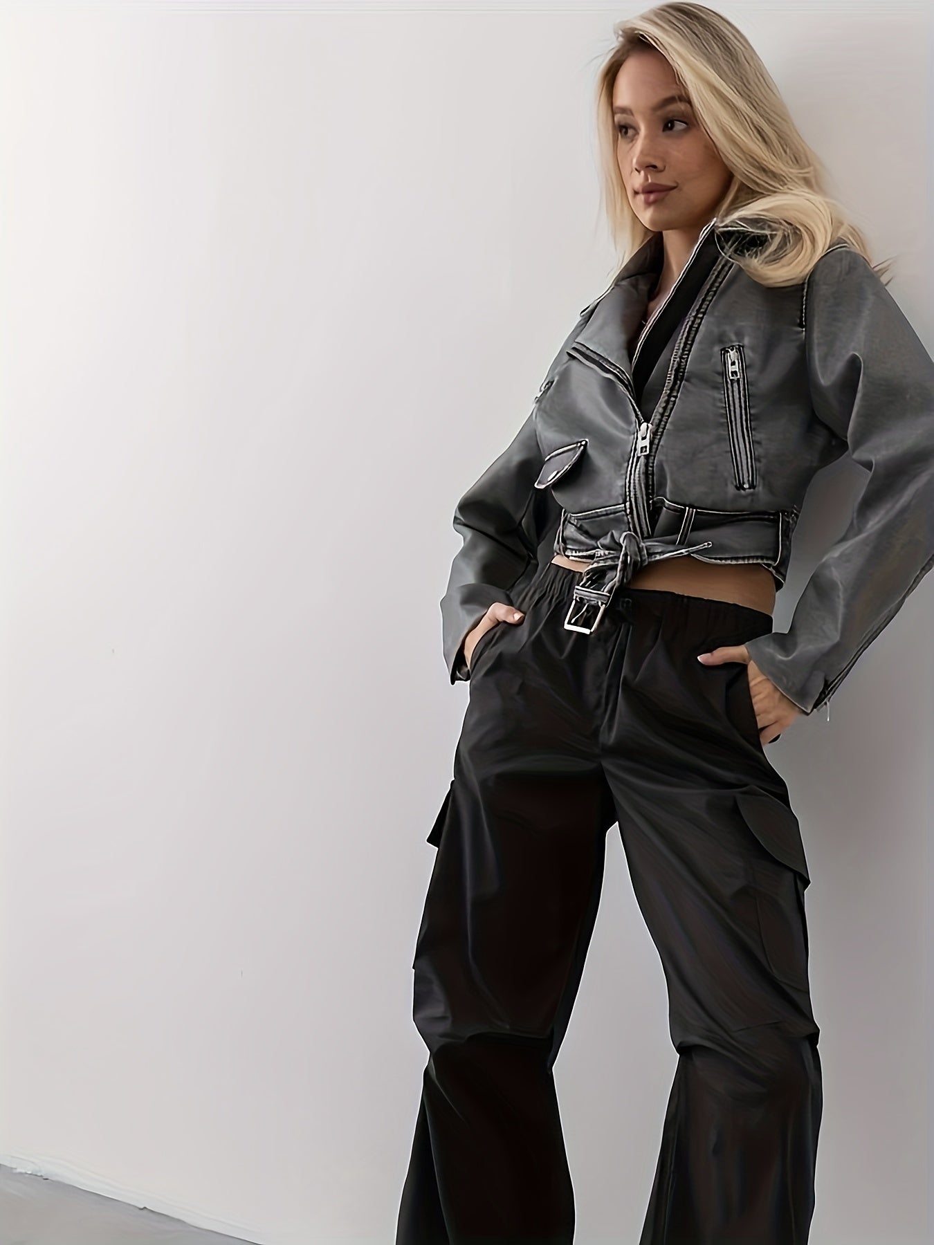 vzyzv  Cropped Faux Leather Biker Jacket, Vintage Slant Pockets Belt Decor Jacket, Women's Clothing