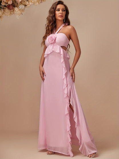 vzyzv  Floral Decor Halter Neck Bridesmaid Dress, Elegant Backless Split Dress For Wedding Party & Banquet, Women's Clothing