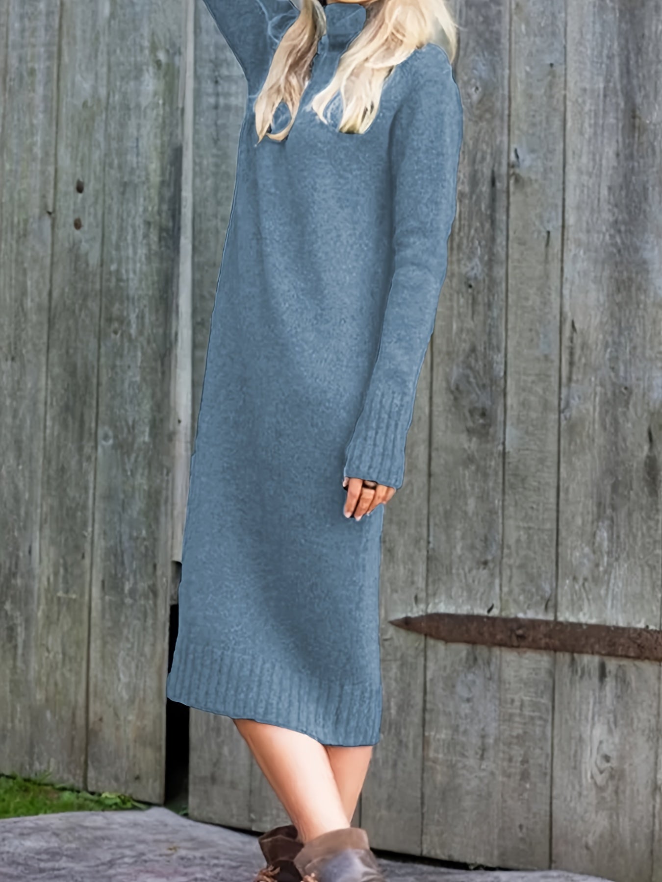 Vzyzv Solid High Neck Sweater Dress, Casual Long Sleeve Midi Dress, Women's Clothing